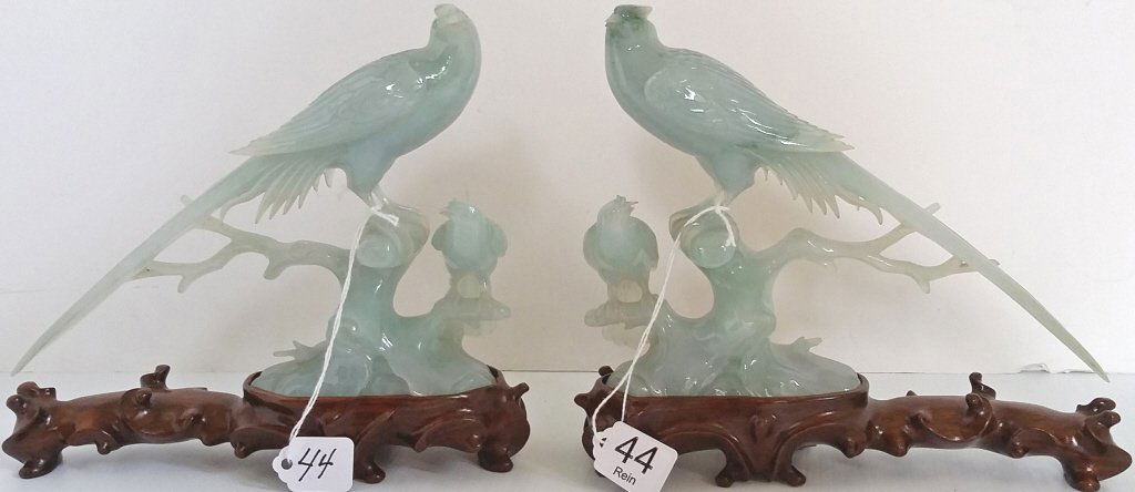 2- approx 7" carved jade bird groups on stands (1 of 6)