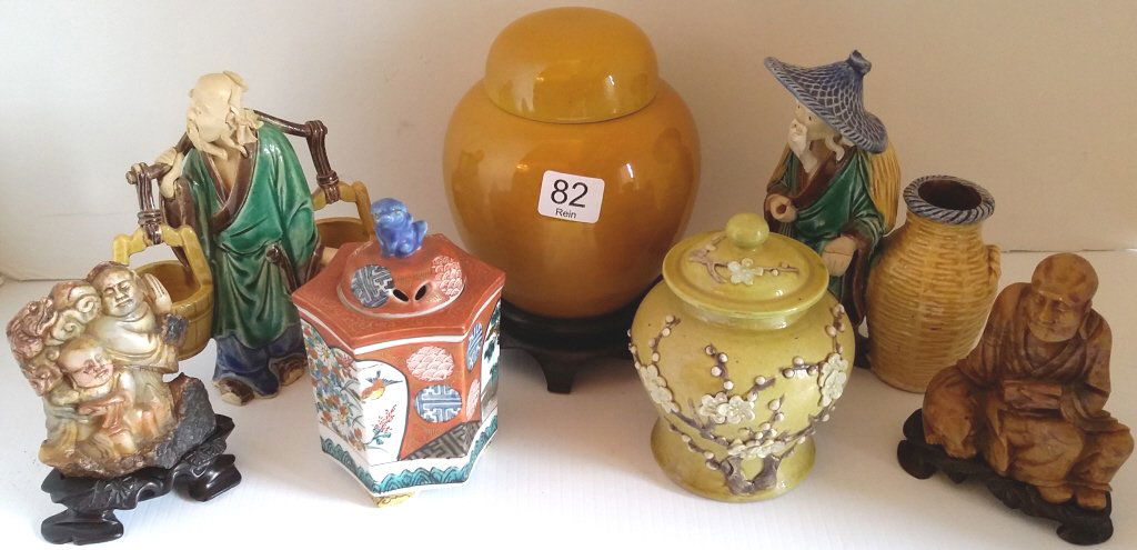 3 Oriental small jars, 2 soapstone carvings & 2 mud (1 of 3)