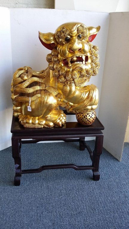 21" carved gilt wood Chinese Foo lion on stand (1 of 6)