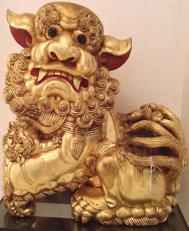 21" carved gilt wood Chinese Foo lion on stand (1 of 4)