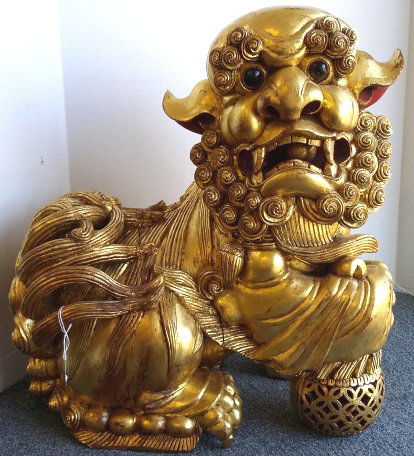 21" carved gilt wood Chinese Foo lion on stand (1 of 10)