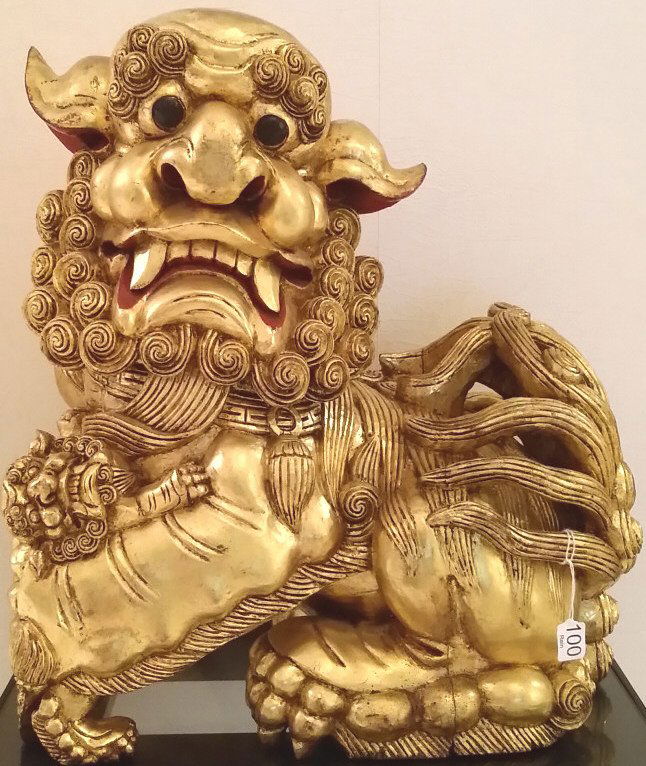 22" carved gilt wood Chinese Foo lion on stand (1 of 5)