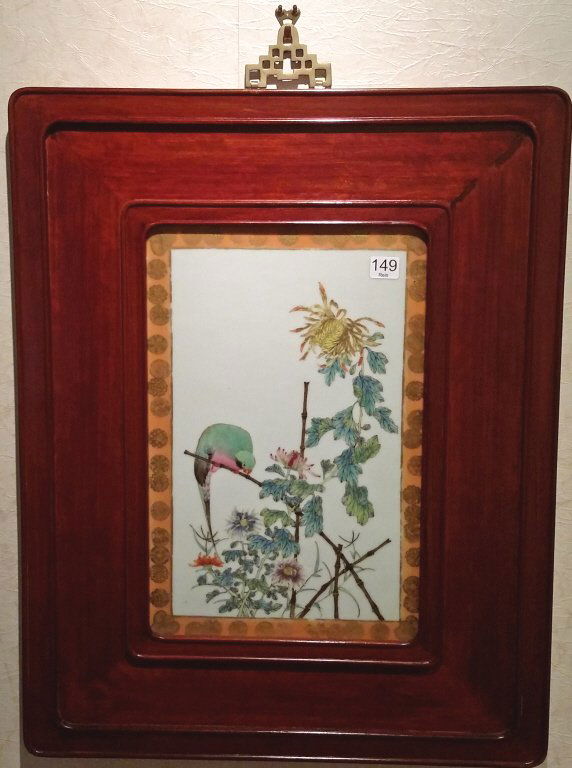 Framed antique Chinese porcelain plaque- parrot 10"x (1 of 9)
