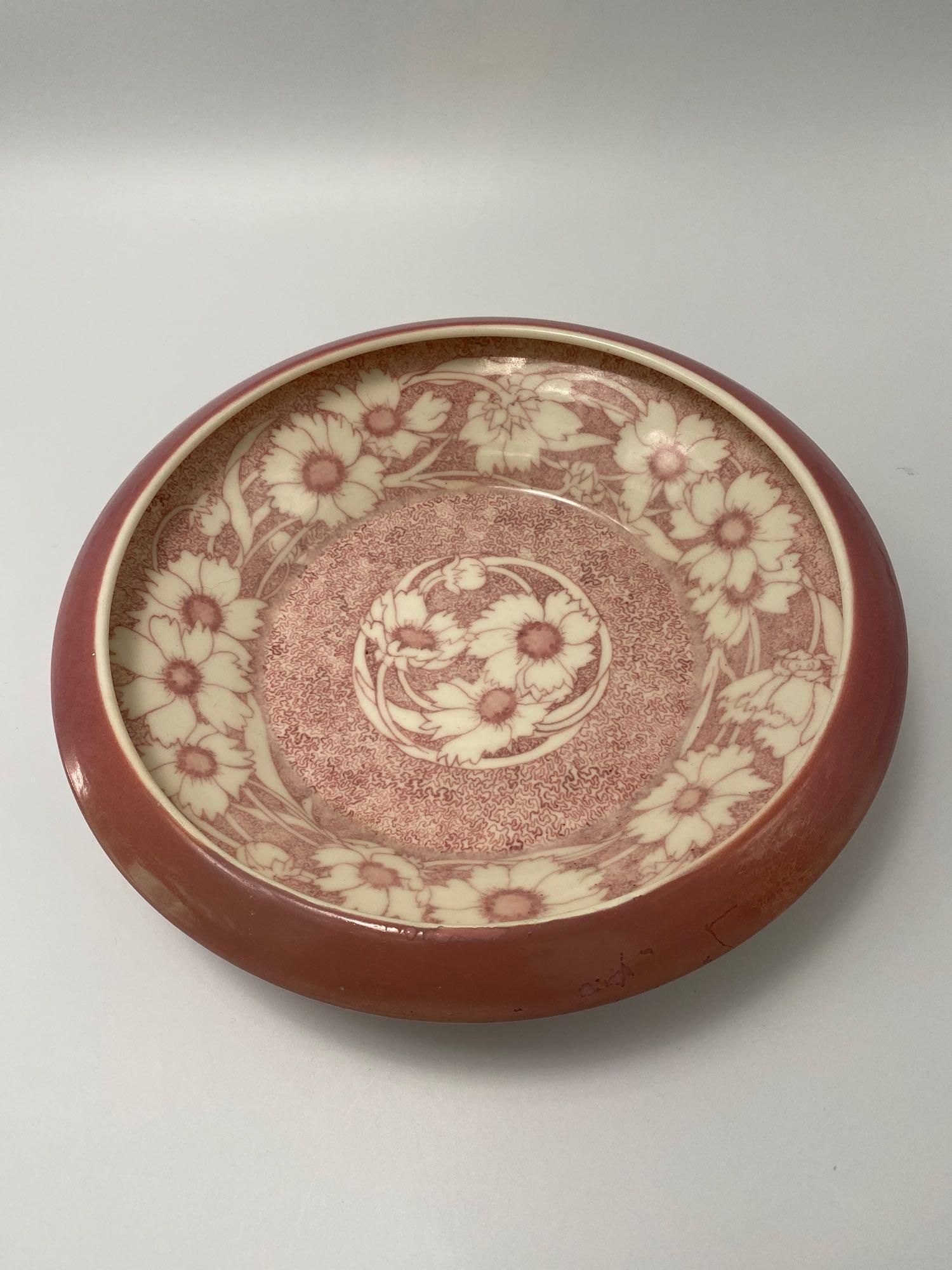 1924 Rookwood Pottery Compote Bowl Signed by Sara Sax: Stunning LARGE Floral Design on this 1924 Rookwood Pottery Bowl signed by renowned potter, Sara Sax. Marked XXIV "2268B". Measures 13" Diameter x 3.25" tall. Very slight loss of glaze on one edge but