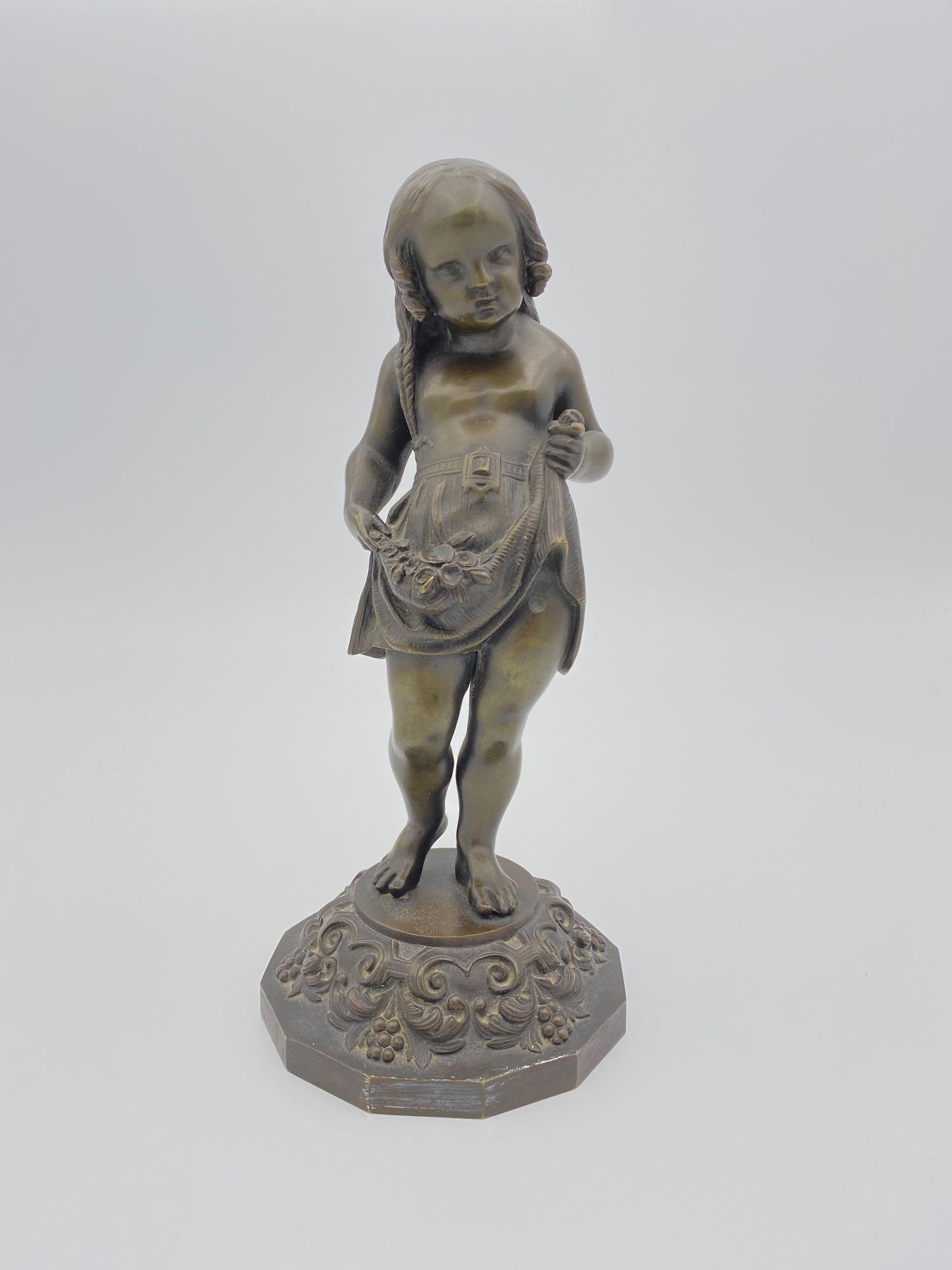 Bronze Sculpture of Girl Hold Flowers in Dress (1 of 6)