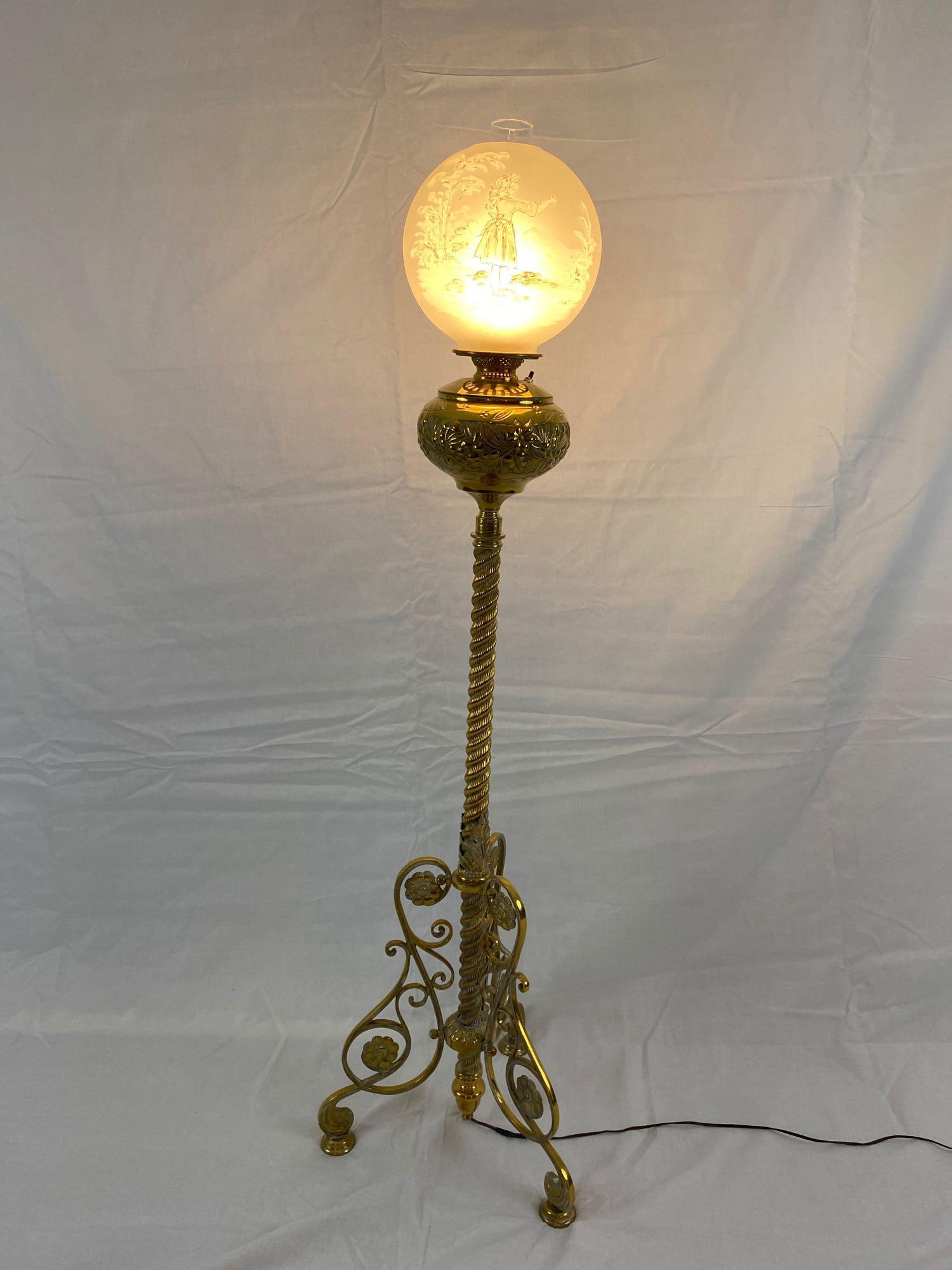Signed c. 1888 R. Hollings & Co. Brass Piano Lamp: Marked R. Hollings & Co. Boston, USA. Pat Nov. 20 1888 Converted Oil Lamp. Beautiful Hand Painted Globe. Measures 59"