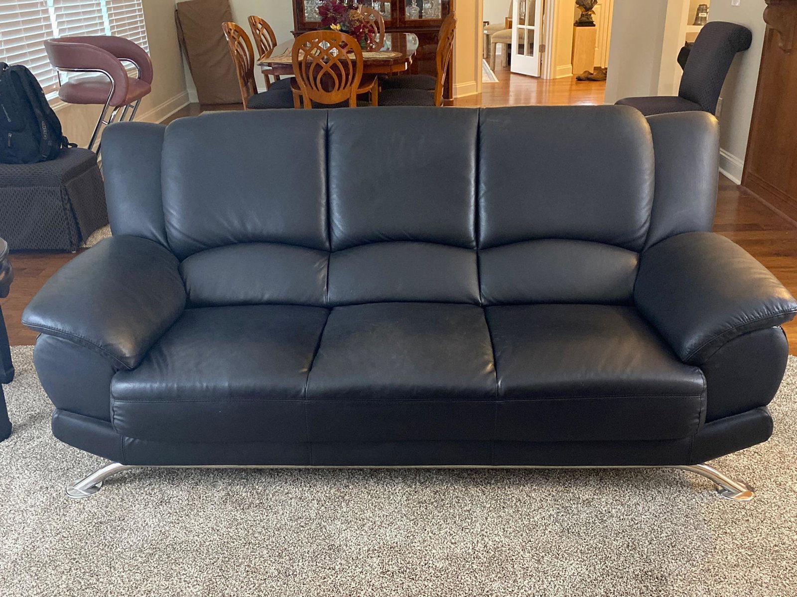 Black Leather and Chrome Sofa: 78"
