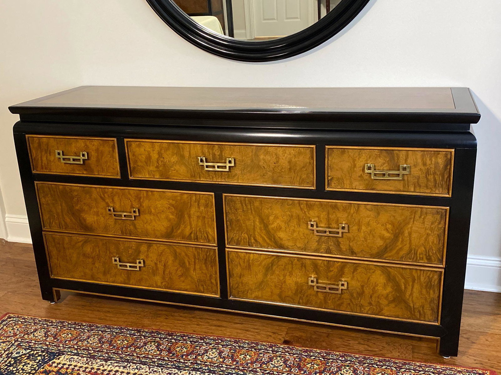 Century Furniture Chin Hua Dresser: An Asian motif dresser made by Century Furniture and part of their Chin Hua line. Ash burl construction with ebonized maple edges and bronze hardware measuring 62"x18.5"x32"