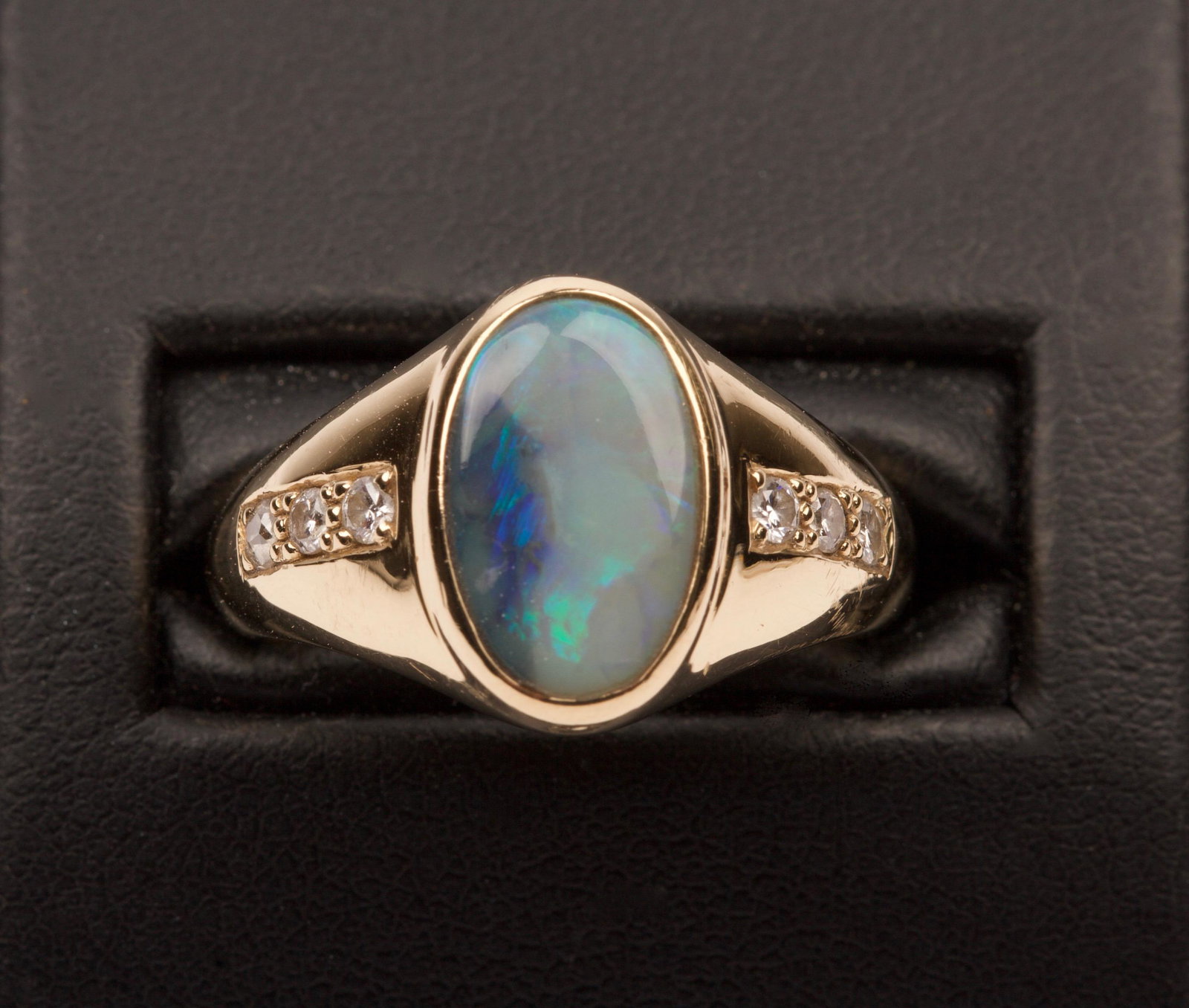 Opal, Diamonds & 18K Yellow Gold Ring: 18K Yellow Gold Black Opal & Round Brilliant Cut Diamond Dress Ring Weight 5.8g, Size M½, 6¼
