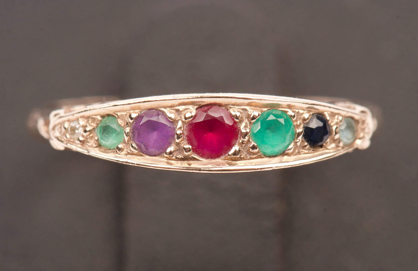 9K Gold, Ruby & Gemstone Ring: 9K Yellow Gold "DEAREST" Gemstone Dress Ring Weight 1.8 g size P½, 7¾