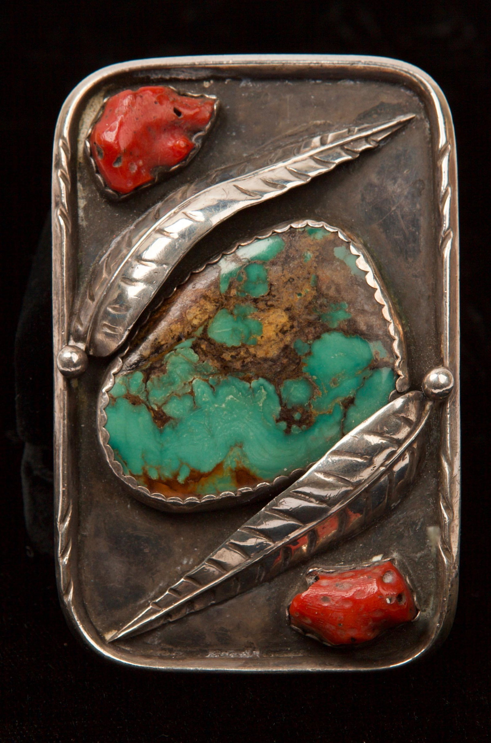 Navajo Coral, Turquoise and Sterling Silver Belt Buckle: Navajo Coral, Turquoise and Sterling Silver Belt Buckle, Signed “OC” Sterling Stamp, Weight 64g, Size 8 x 5cm