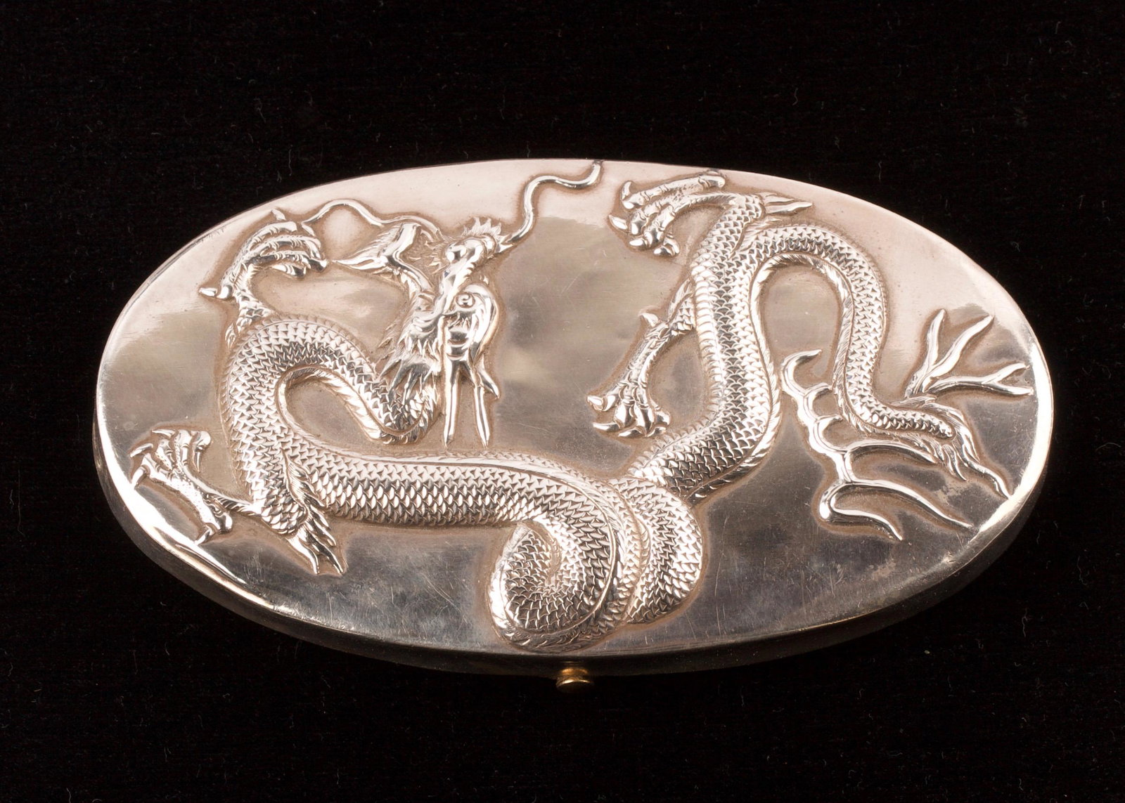 Chinese Late 19thC Wood & Silver Dragon Tobacco Case: Chinese Late 19th Century Wood & Silver-lidded Dragon Tobacco Case, Singed “WH90 Wang Hing” Total Weight 102.9g, 900-Silver Weight 65.1g