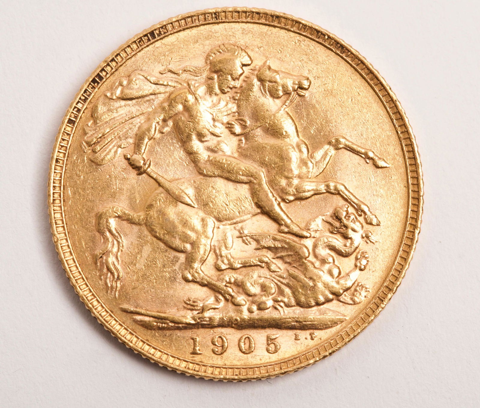 1905 St. George & Dragon 22K Gold Sovereign: 1905 St. George & Dragon 22K Gold Sovereign, Minted at the Perth Mint Weight 7.98g, Gold Purity 7.31g, Grade Fine