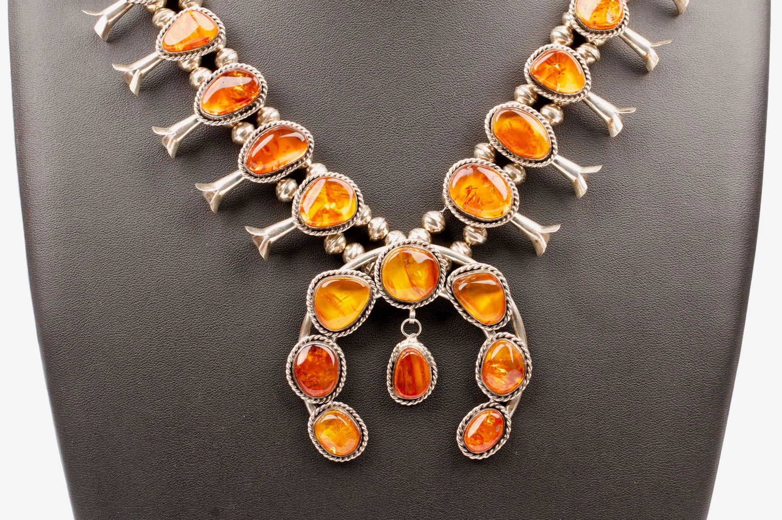 Amber & Sterling Silver Navajo Squash Blossom Necklace (1 of 8)