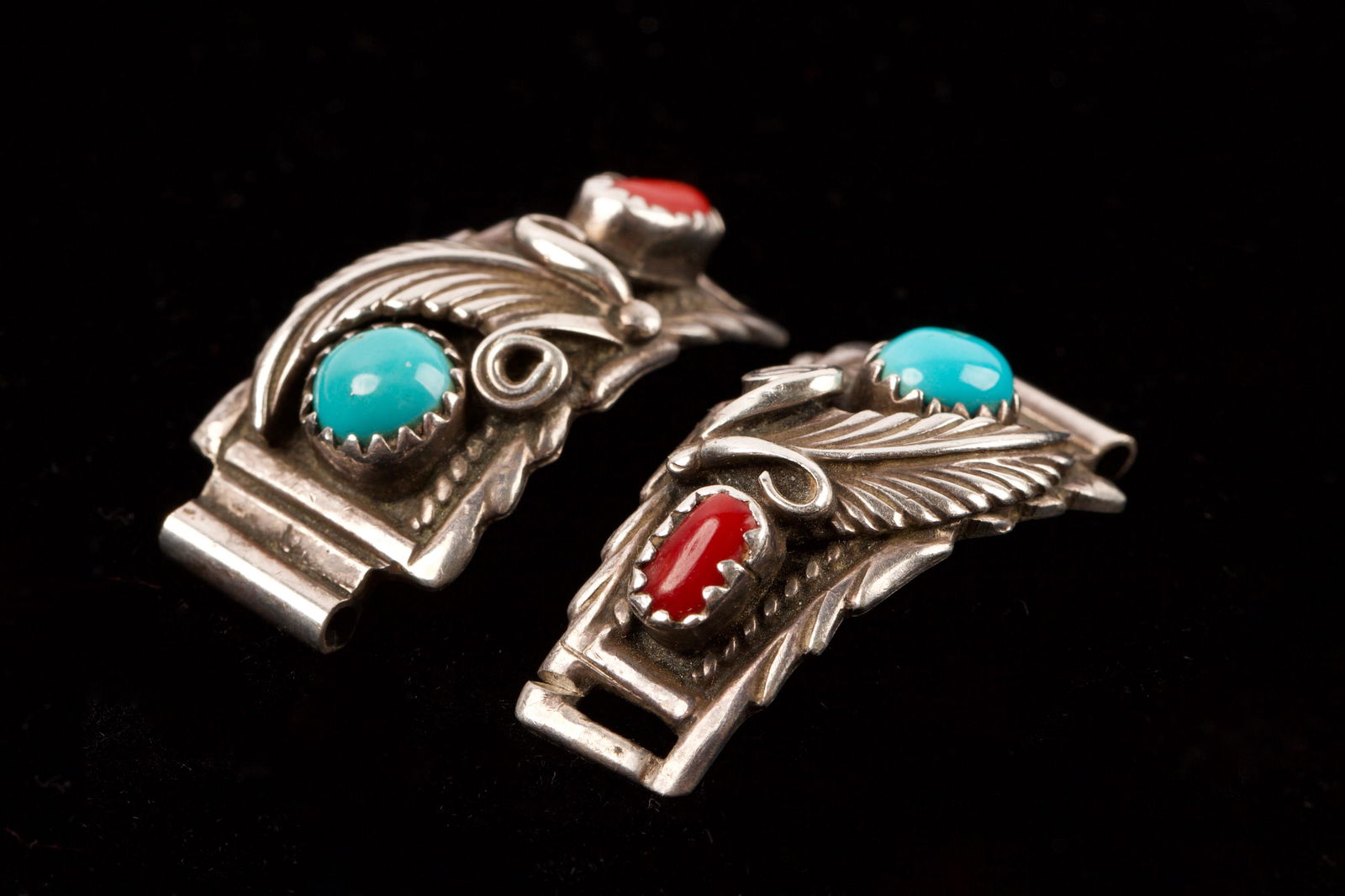 Native American Coral, Turquoise & Sterling Watch Sides: Native American Coral, Turquoise & Sterling Silver Watchband Sides Stamped RL, Weight 8.6g