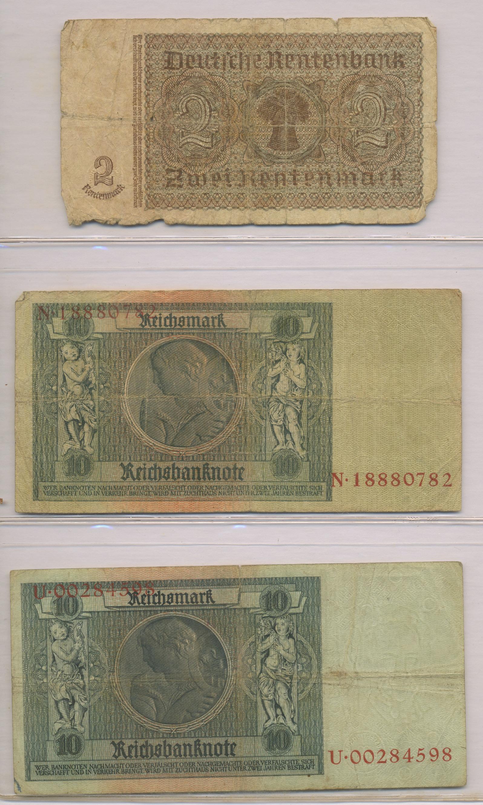 Three German Bank Notes incl. 1937 Two Rentenmark (1 of 2)