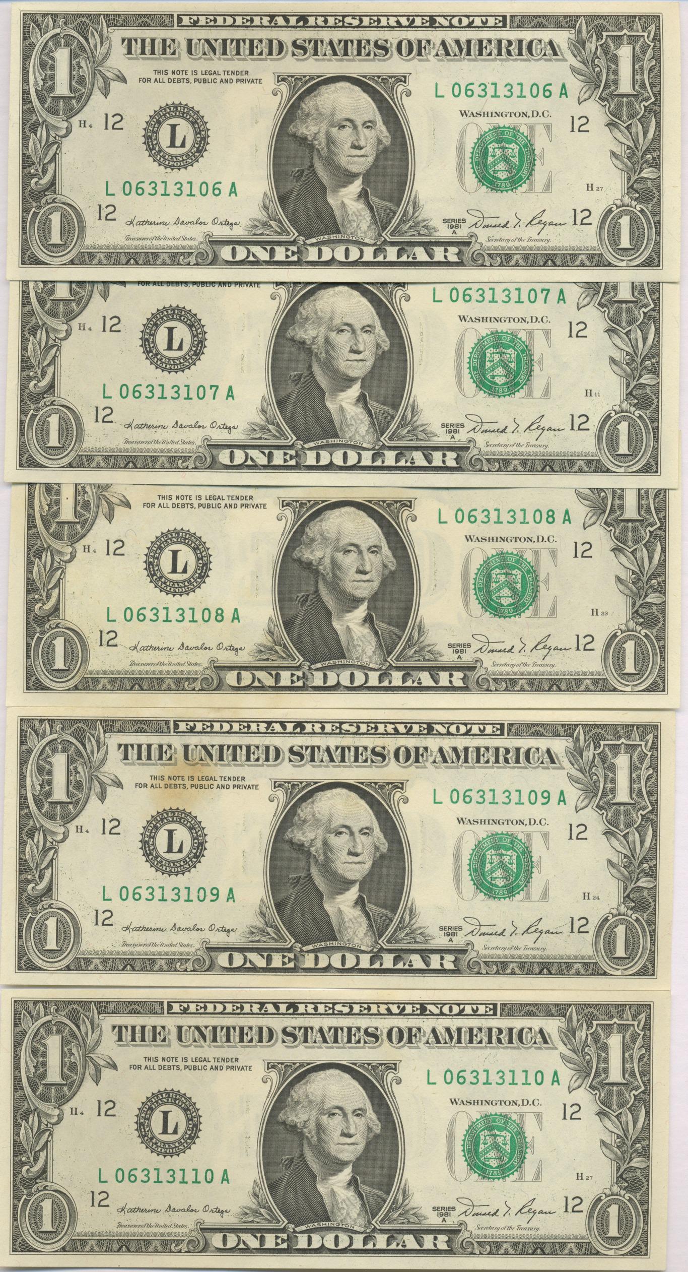 Five Consecutive U.S.A. 1981 One Dollar Bank Notes (1 of 2)