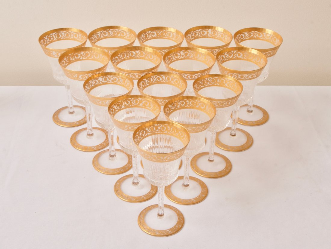 St. Louis Crystal Wine Glasses with 22K Gold: Set of St. Louis Crystal Wine Glasses with 22K Gold, Made in France. (white wine) 15cm height x 7.5cm wide at the rim (red wine) 16cm height x 8.25cm wide at the rim