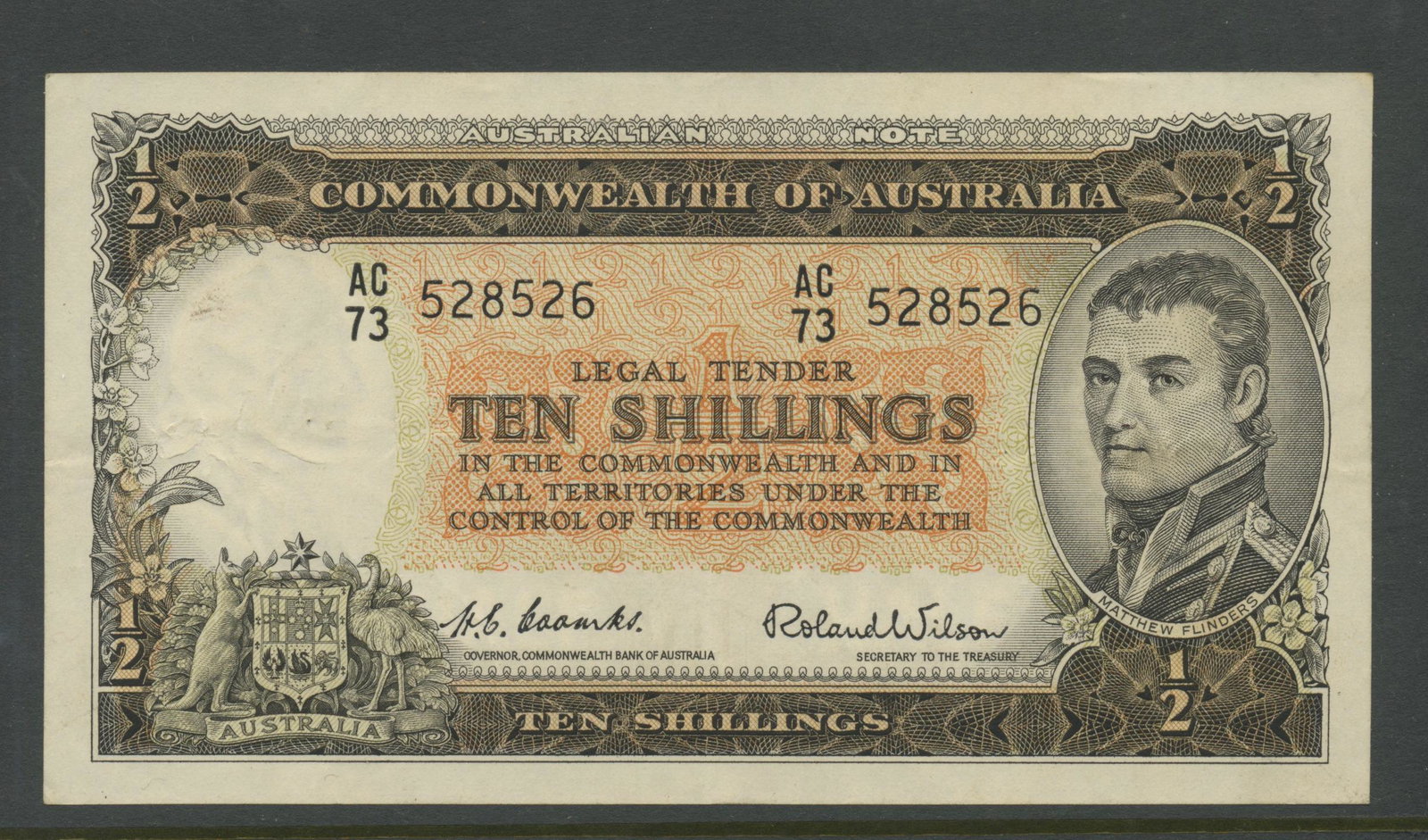 1954 Ten Shillings Bank Note - Coombs & Wilson: Commonwealth of Australia issued. Serial# AC 73 528526