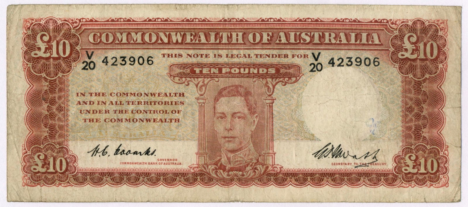 1949 Ten Pound Bank Note - Coombs & Watt: Commonwealth of Australia issued. Serial# V 20 423906