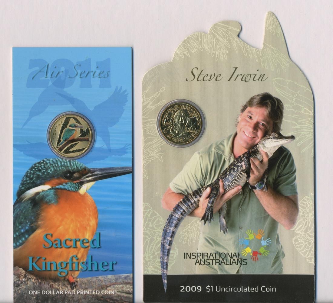 2009 & 2011 One Dollar Collector Coin Packs: Two Packs - 2011 Air Series Sacred Kingfisher One Dollar Pad Printed Coin & 2009 $1 Steve Irwin Coin