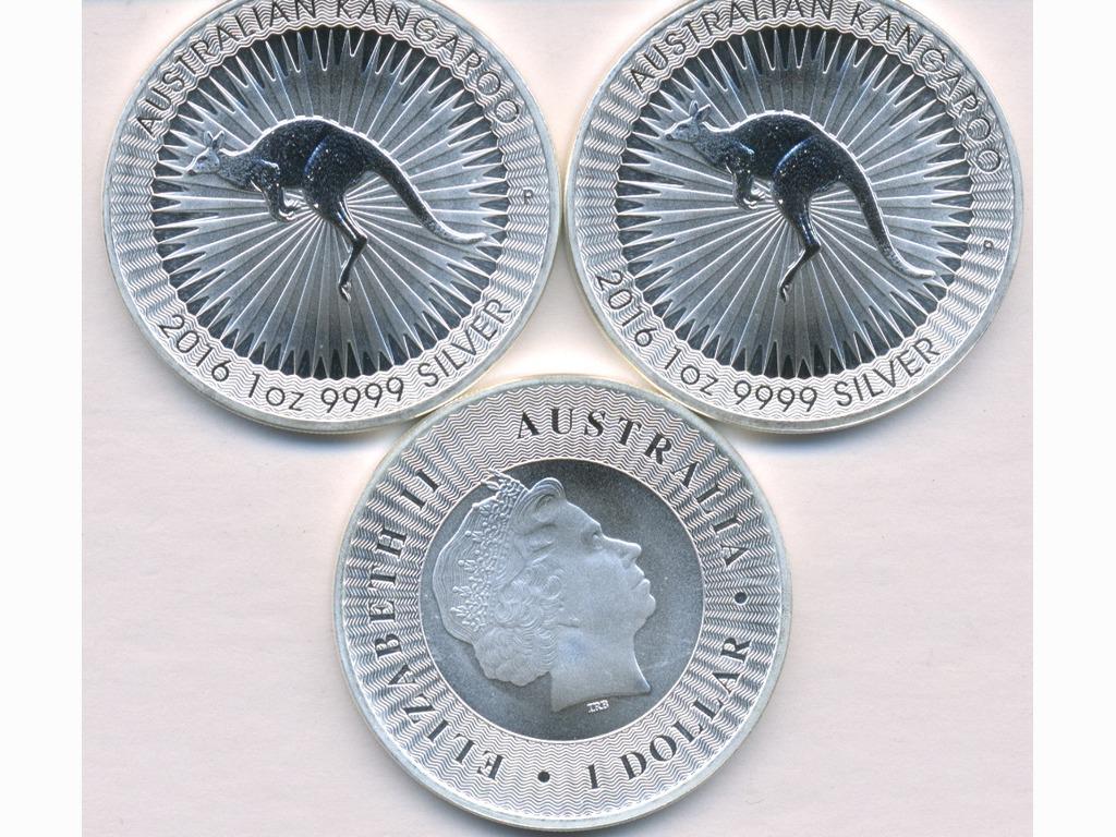 Three (3) 2016 Australian One Ounce .999 Bullion Coins: Three (3) 2016 Australian One Ounce .999 Bullion Coins featuring Kangaroo and spoked grille background. Weight 93.3g (3oz Troy)