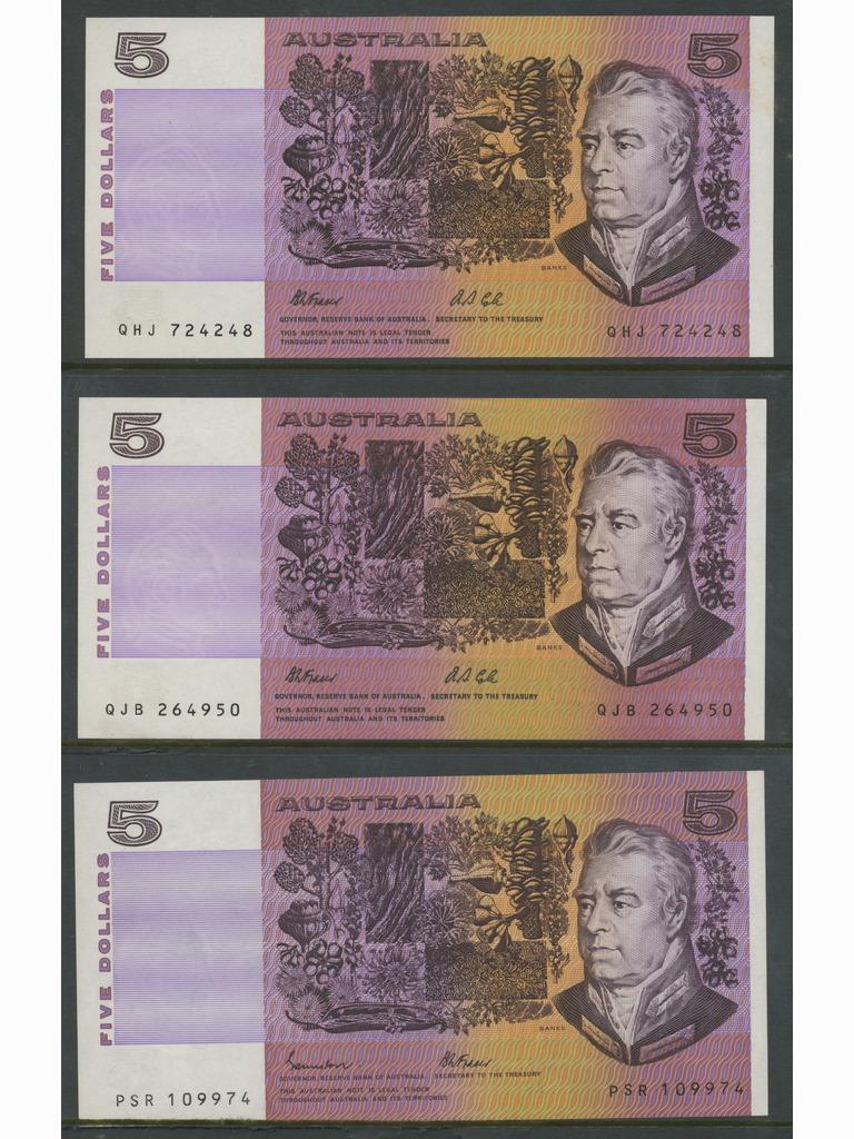 Three (3) Five Dollar Bank Notes (1985 to 1991) (1 of 1)
