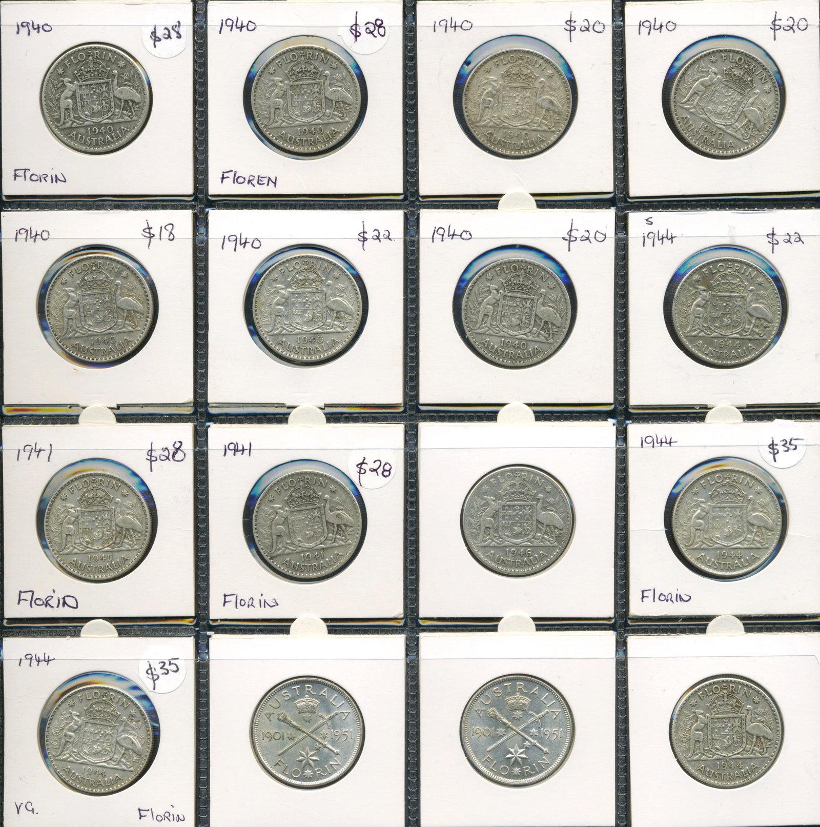 1940s -1950s Australian Florins (16): 1940s -1950s Australian Florins, Sixteen (16) Coins Quantity: 16 Condition: Mixed Grades Materials: Silver Item location: NSW, Australia Shipping: In-house shipping available (+5%, see Pay
