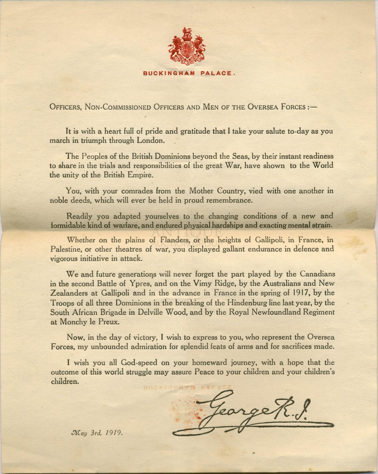 Buckingham Palace May 3rd 1919 Letter (1 of 4)