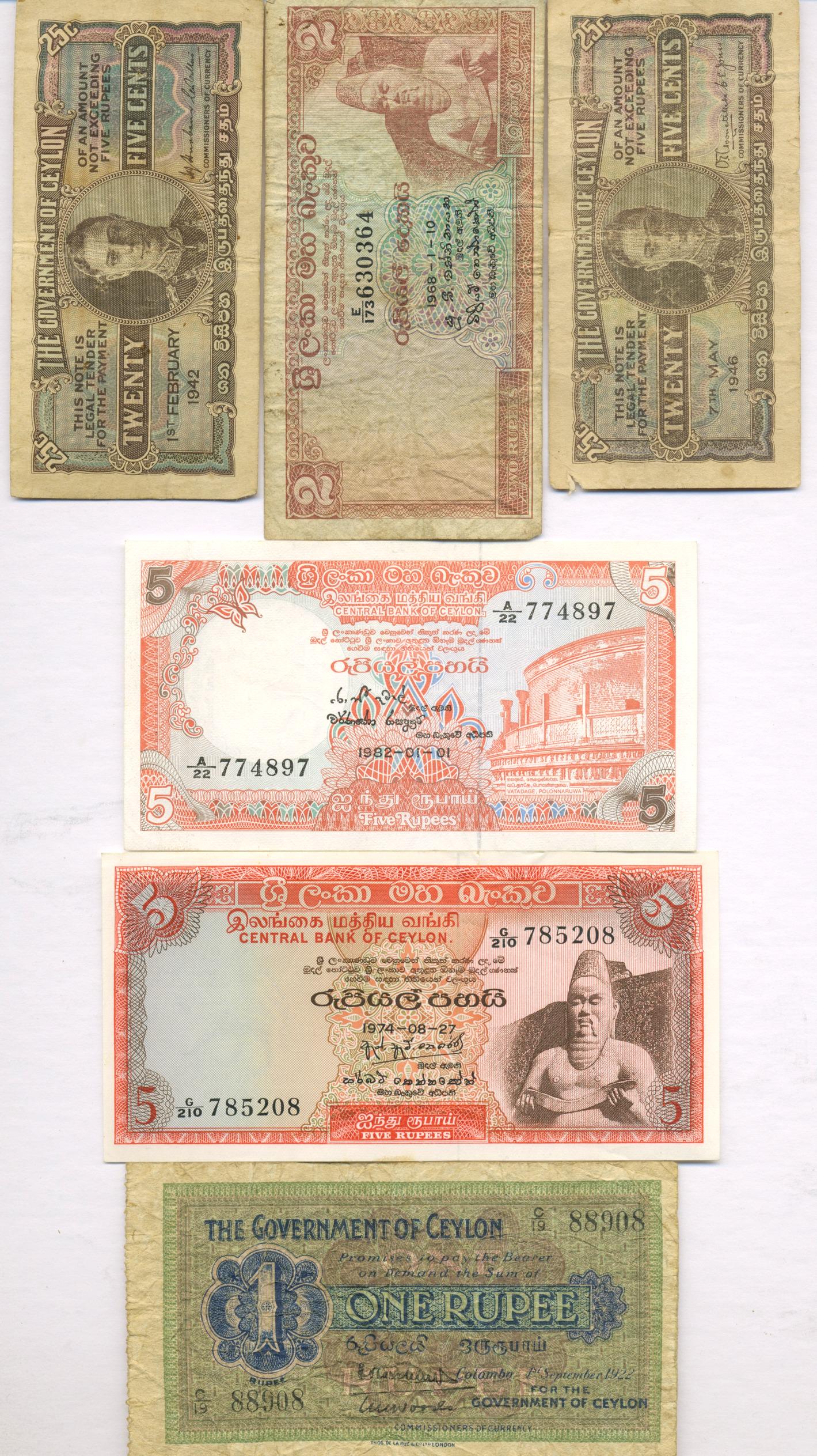 1920s - 1980s Ceylonese Banknotes (6) (1 of 2)