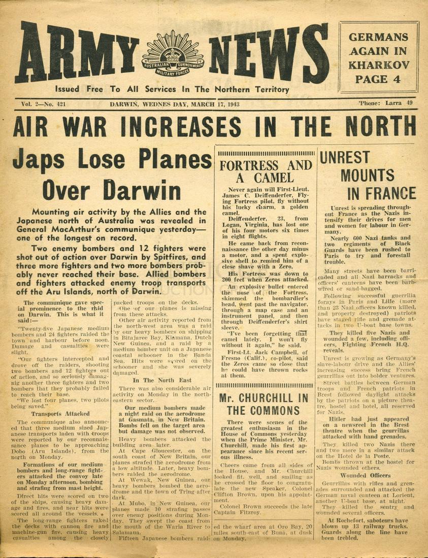 WWII Papers & Pamphlets (3): Three (3) WWII Papers & Pamphlets including: Darwin - Wednesday March 17, 1943 ARMY NEWS 1941 Dedication Service - A Call to the Nation One Penny Daily OCEAN NEWS from Manly, NSW Quantity: 3 Condition