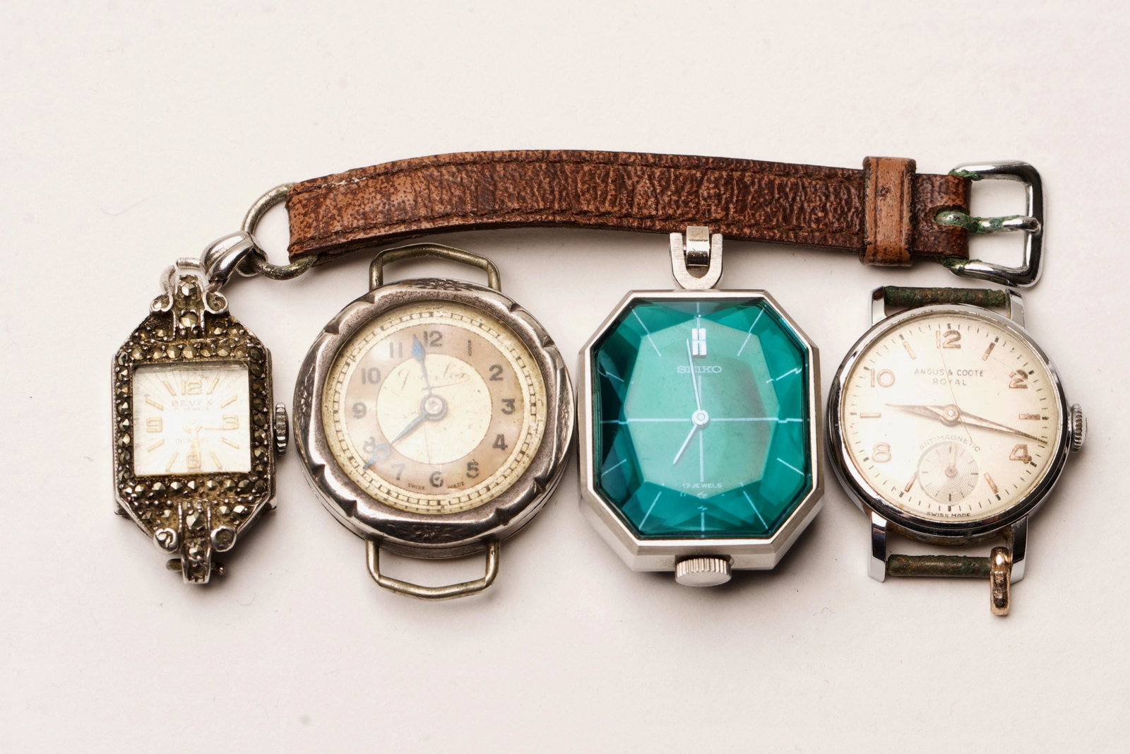Four (4) Vintage Watches: Four (4) Vintage Watches including: Marcasite Bevex Watch - 17 Jewel Incabloc - Watch Not Working Jewelex - Swiss-Made - Missing Winder, Watch Not Working Seiko 17 Jewel - Serial #11-3710 (Working Con