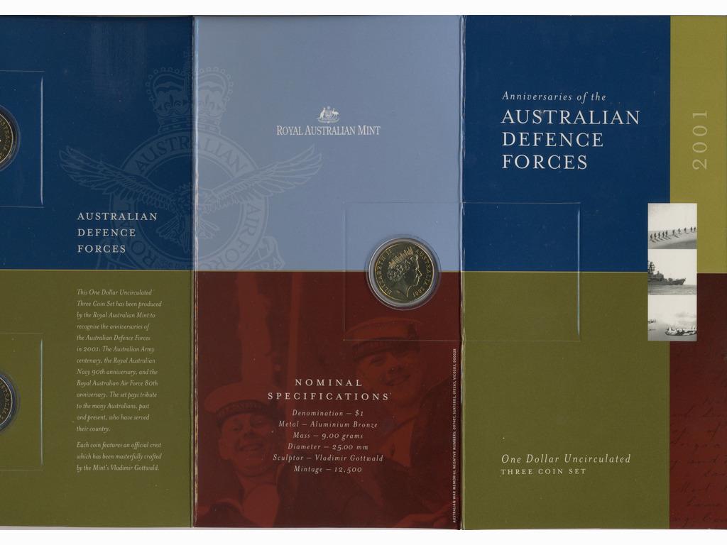 2001 One Dollar Three-Coin Set: Uncirculated. Anniversary of the Australian Defence Forces Collector Pack Quantity: 1 Condition: Uncirculated Materials: Item location: NSW, Australia Shipping: In-house shipping availabl