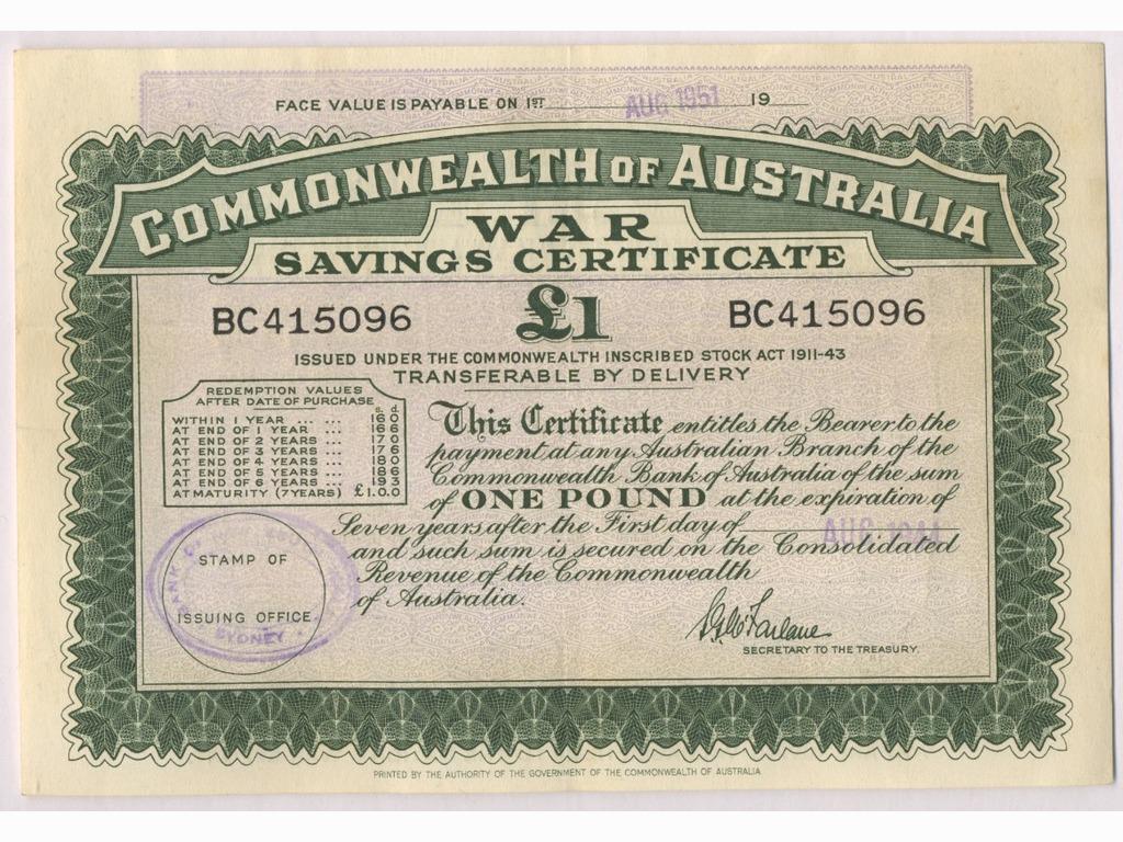 1951 C.O.A. War Savings Certificate - One Pound: Commonwealth Of Australia War Savings Certificate BC415096. McFarlane era Quantity: 1 Condition: Fine Condition Materials: Item location: NSW, Australia Shipping: In-house shipping availa