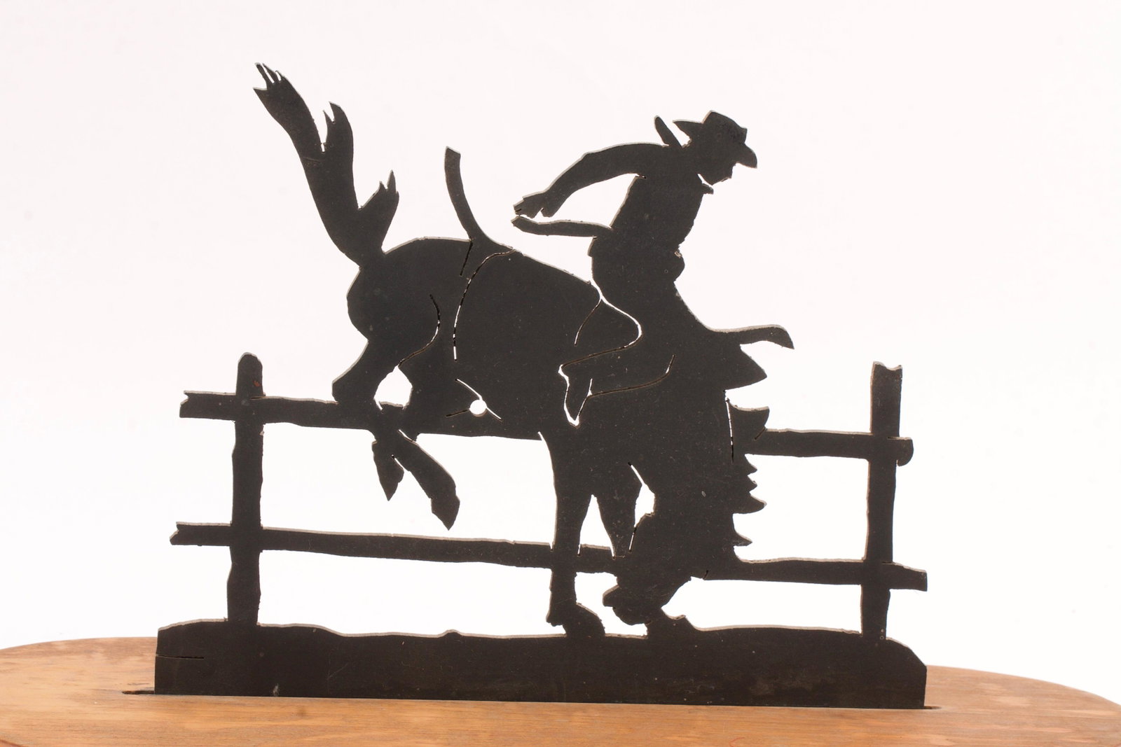 Rodeo Statuette: Slim-line Cut-Wood Design Statuette of Bronco and Rodeo Rider Quantity: 1 Condition: Good Condition Materials: Wood Item location: NSW, Australia Shipping: In-house shipping
