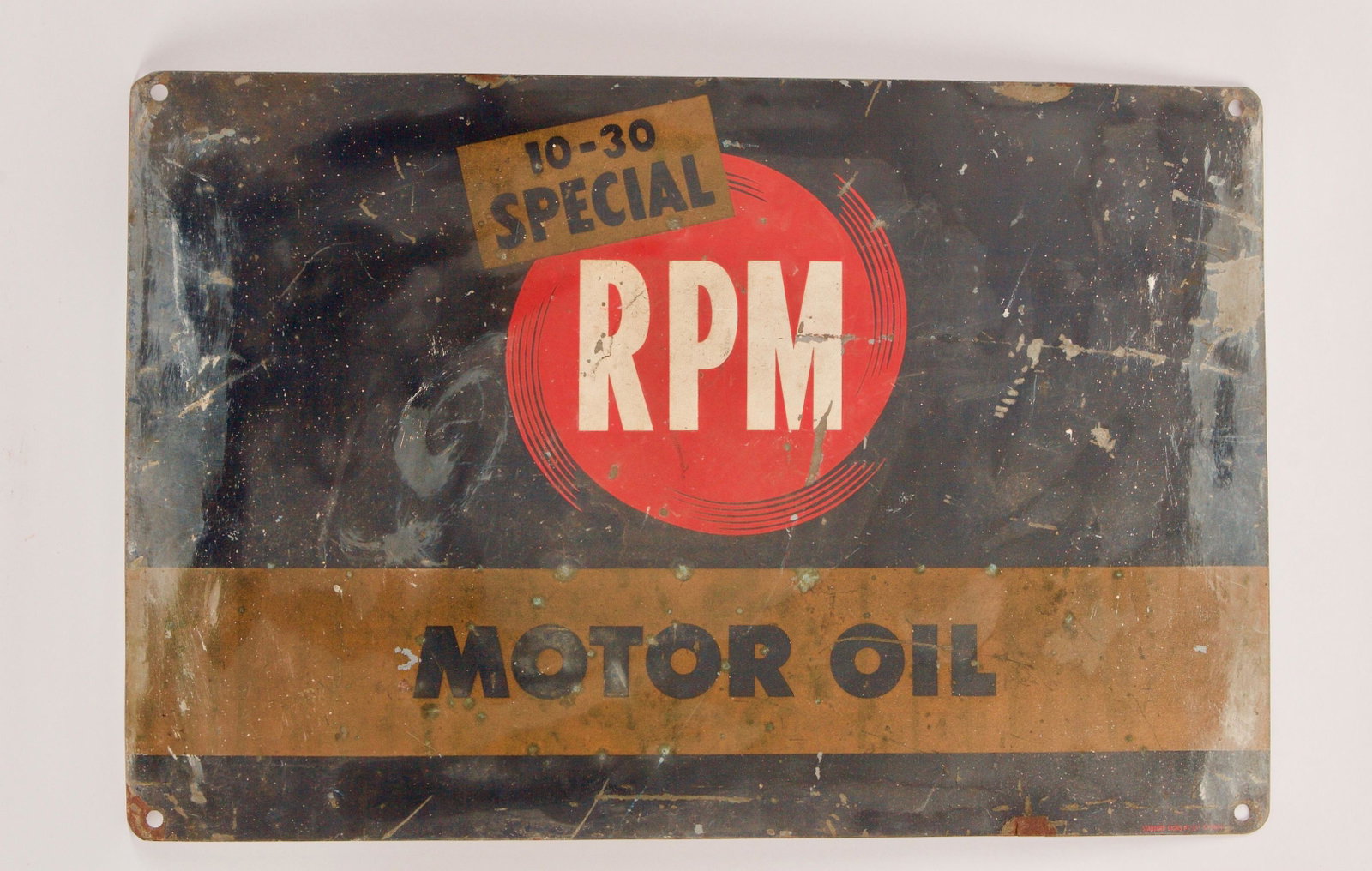 c1930-1940s RPM Motor Oil Signage: Quantity: 1 Condition: Some Wear Height: 36cm or approximately 14.17 inches Width: 53cm or approximately 20.87 inches Depth: 0.3cm or approximately 0.12 inches Item location: NSW, Australia