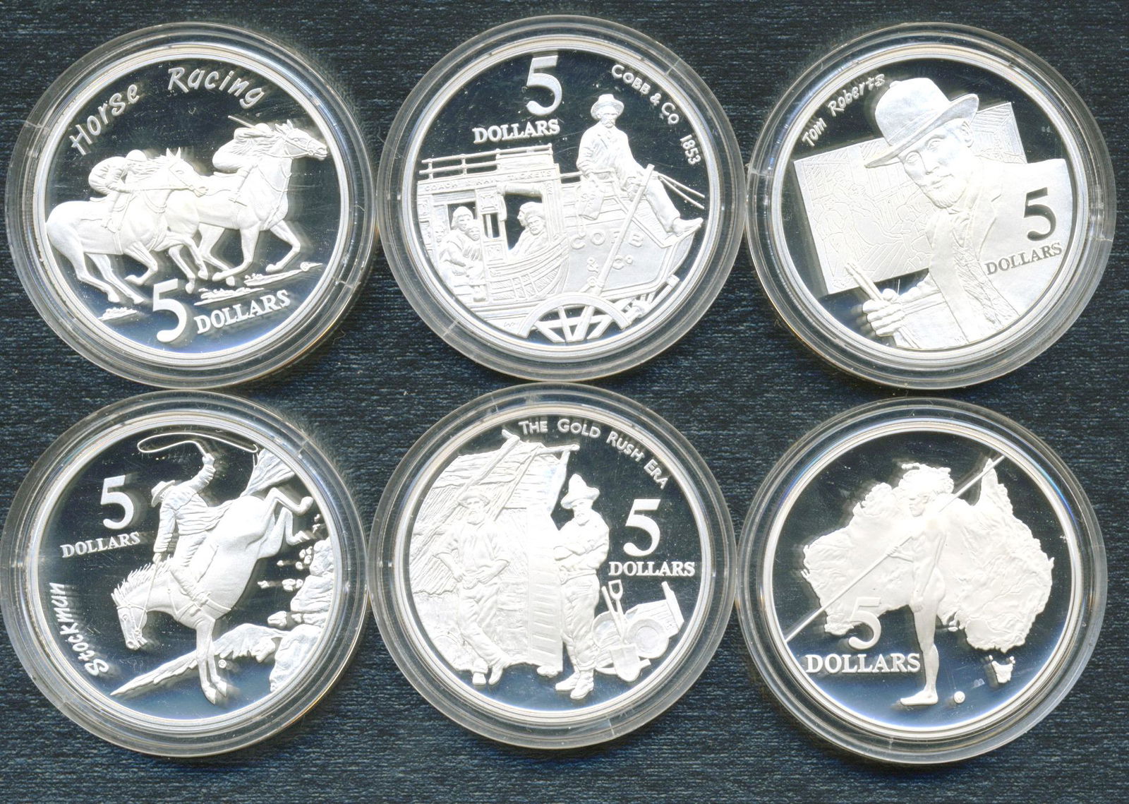 Six (6) Australian .925 Silver Collector Coins: Six (6) Australian .925 Silver Five Dollar Coins from 1993-1996, each weighing approximately 35.79g, including Horse Racing, Cobb & Co., Tom Roberts, Stockman, The Gold Rush Era, Aboriginal Exploratio