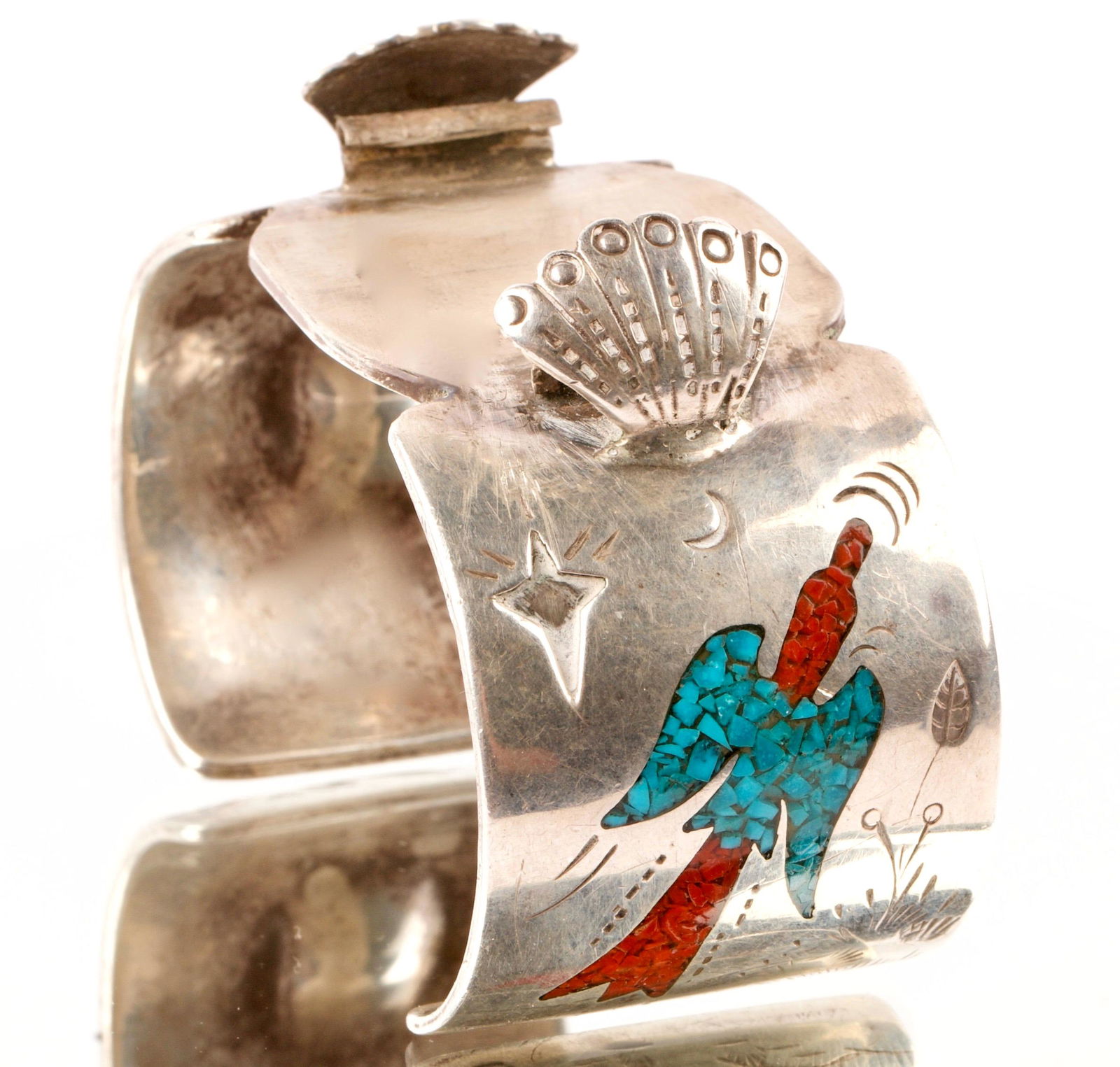 Sterling Silver, Coral & Turquoise Chip Watch Cuff (1 of 2)