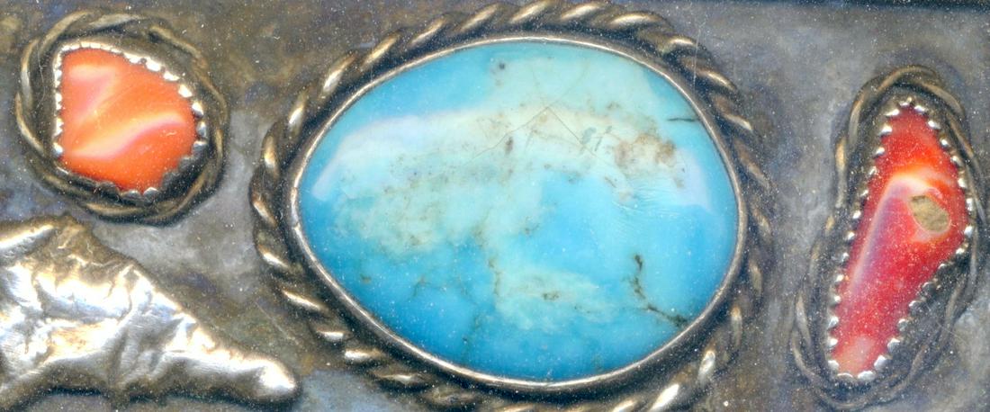 Native American Coral and Turquoise Belt Buckle: Native American Turquoise and Coral Belt Buckle Weight 56.1g (1.98oz) 7.5 cm width x 4.5cm height Quantity: 1 Condition: Repair to Back Height: 4.5cm or approximately 1.77 inches Wid