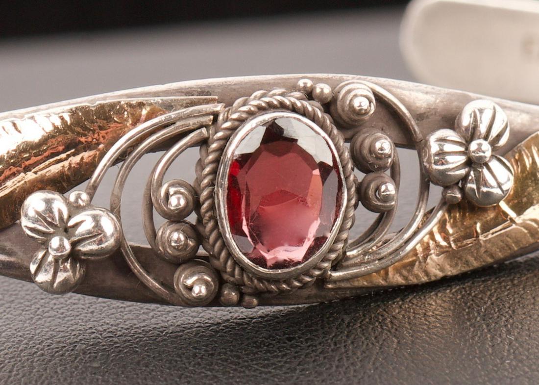 Sterling Silver & 9K Gold Leaf Cuff, Red Garnet inset (1 of 5)