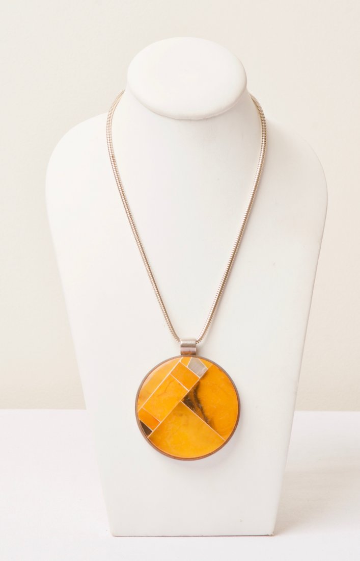Amber Mother of Pearl & Sterling Silver Pendant & Chain (1 of 3)