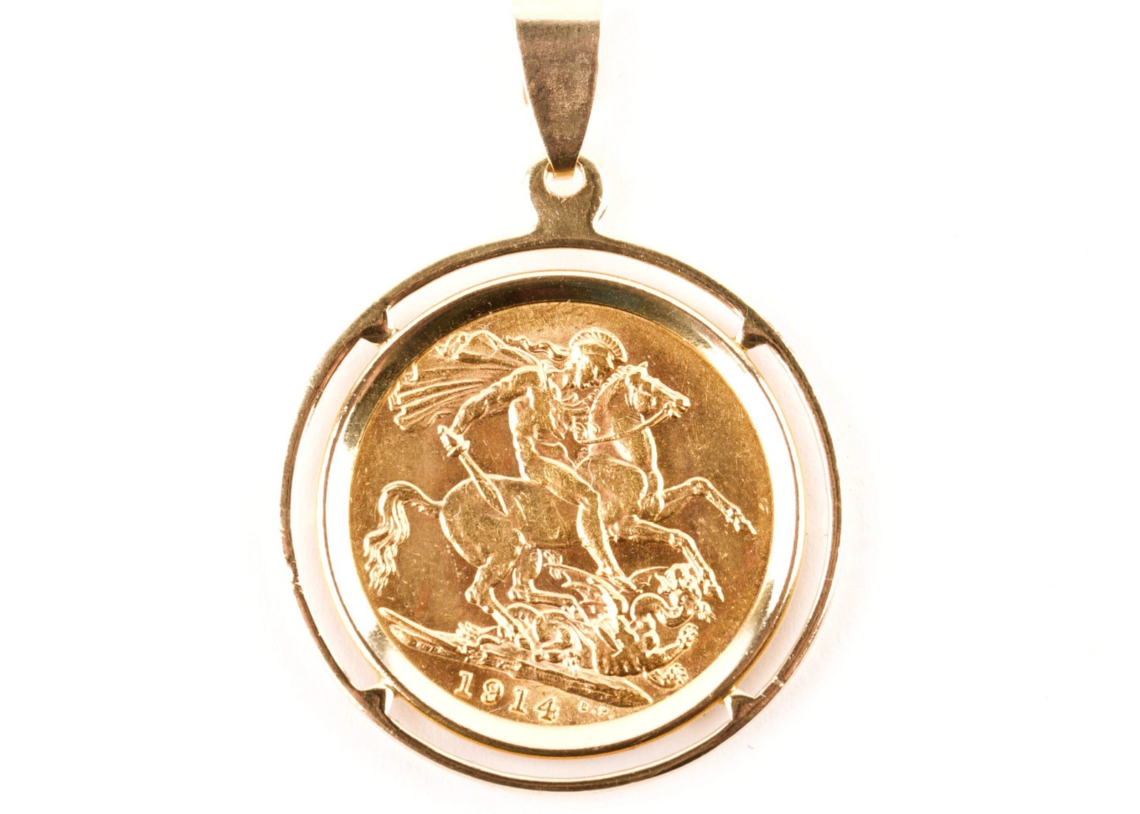1914 22K GOLD FULL Sovereign in 14K Gold clip Pendant: 1914 St. George & Dragon 22K Gold FULL Sovereign in a 14K Gold clip Pendant Total Weight 10g. Sovereign weight 7.98g Quantity: 1 Condition: Good Weight: 10g or approximately 0.35oz