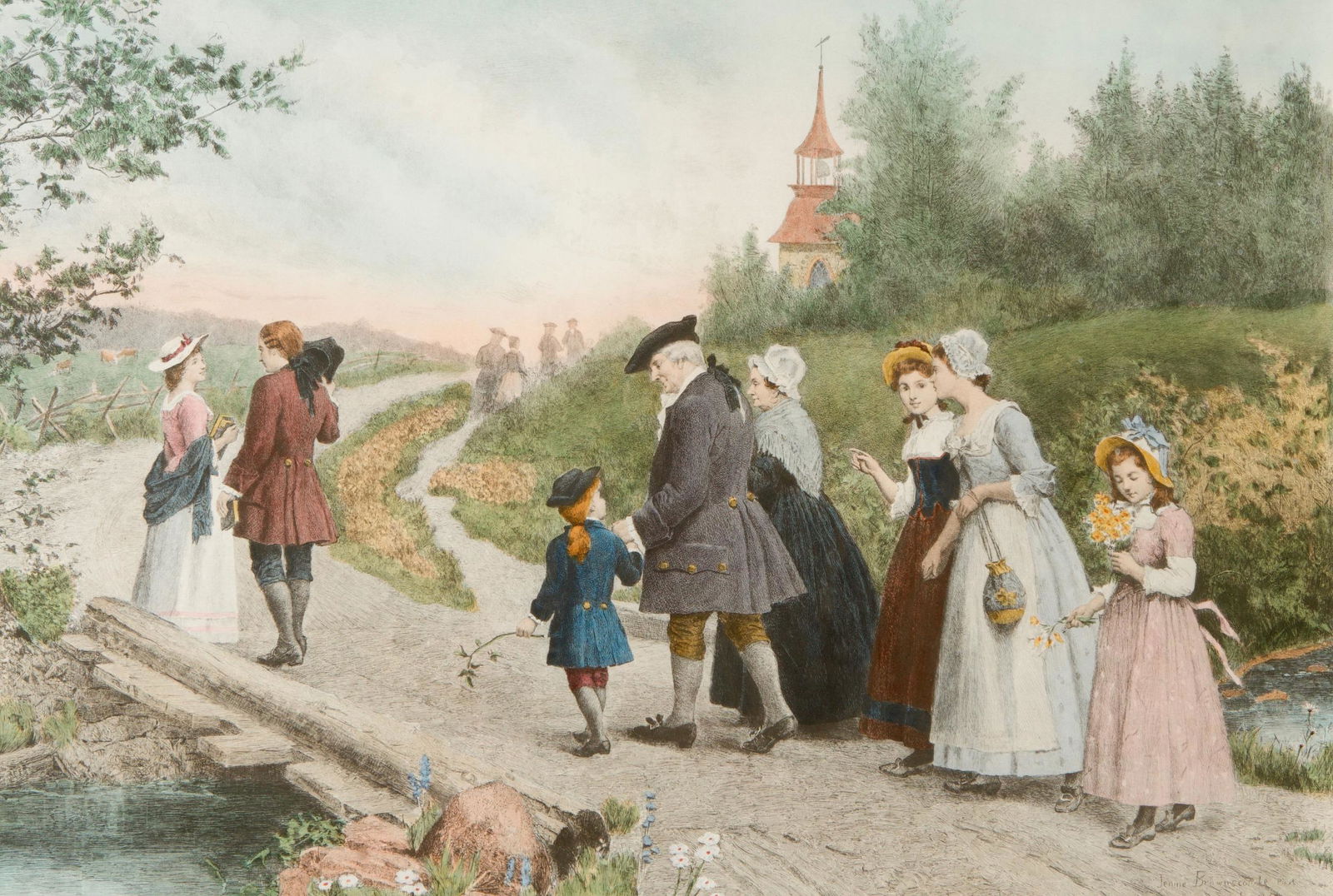 "Sunday Morning at Sleepy Hollow" by Jennie BROWNSCOMBE: Frame Dimensions: 84 x 111 cm LARGE Quantity: 1 Condition: Good Weight: 8000g or approximately 282.19oz Creator: Jennie Augusta Brownscombe Item location: NSW, Australia <