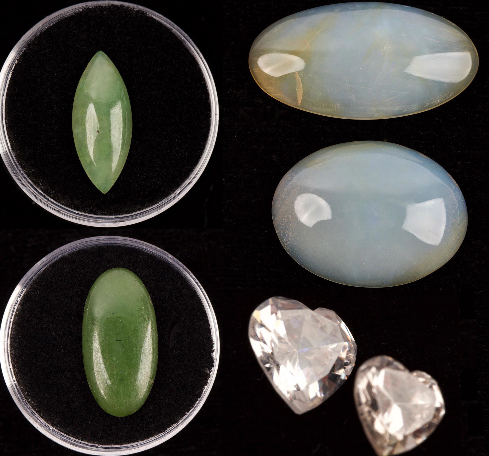 Faceted and Cabochon Gemstones (6): Heart-Shaped Cut White Stones (2) Cabochon Jade Stones and Moonstones (4) Quantity: 6 Condition: Good Materials: Jade | Moonstone Item location: NSW, Australia Shipping: