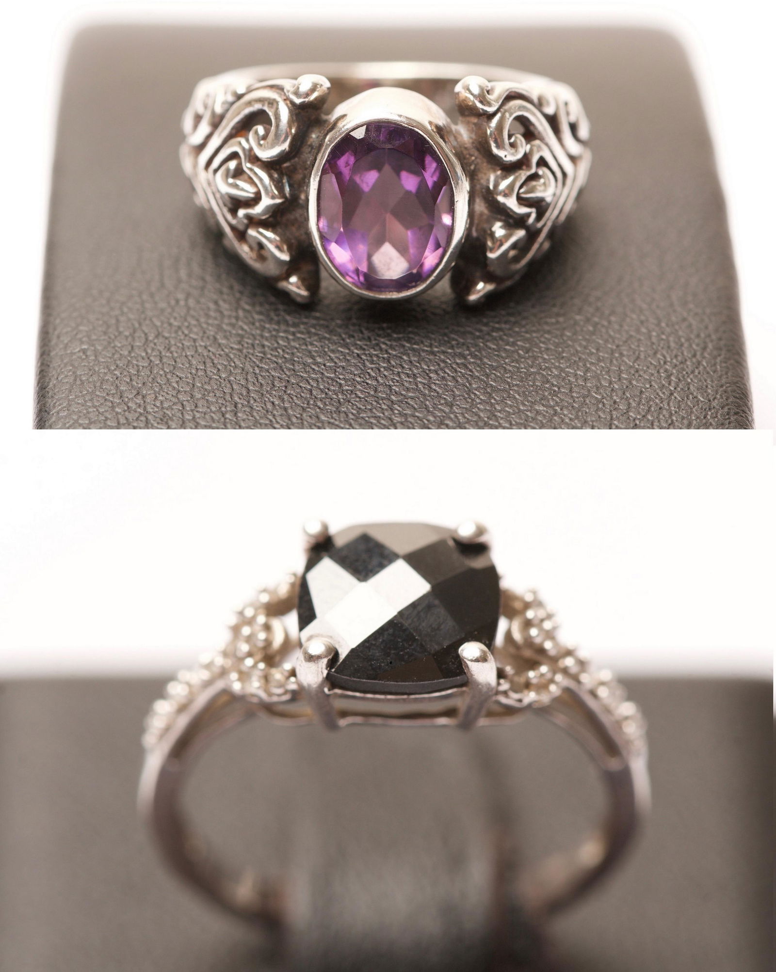 Two Sterling SILVER Rings (Amethyst & Onyx) (1 of 8)