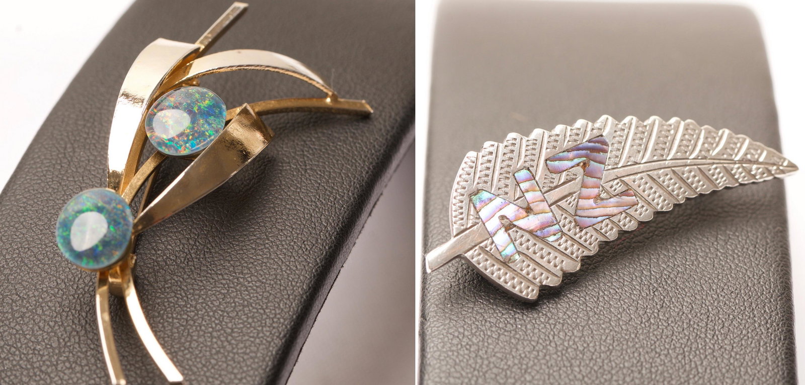 New Zealand and Opal - Two Brooches (2): New Zealand Sterling Silver Brooch Opal Triplet on Gold-Plated Brooch Quantity: 2 Condition: Fair to Good Weight: 12.1g or approximately 0.43oz Materials: Sterling Silver (.925) |