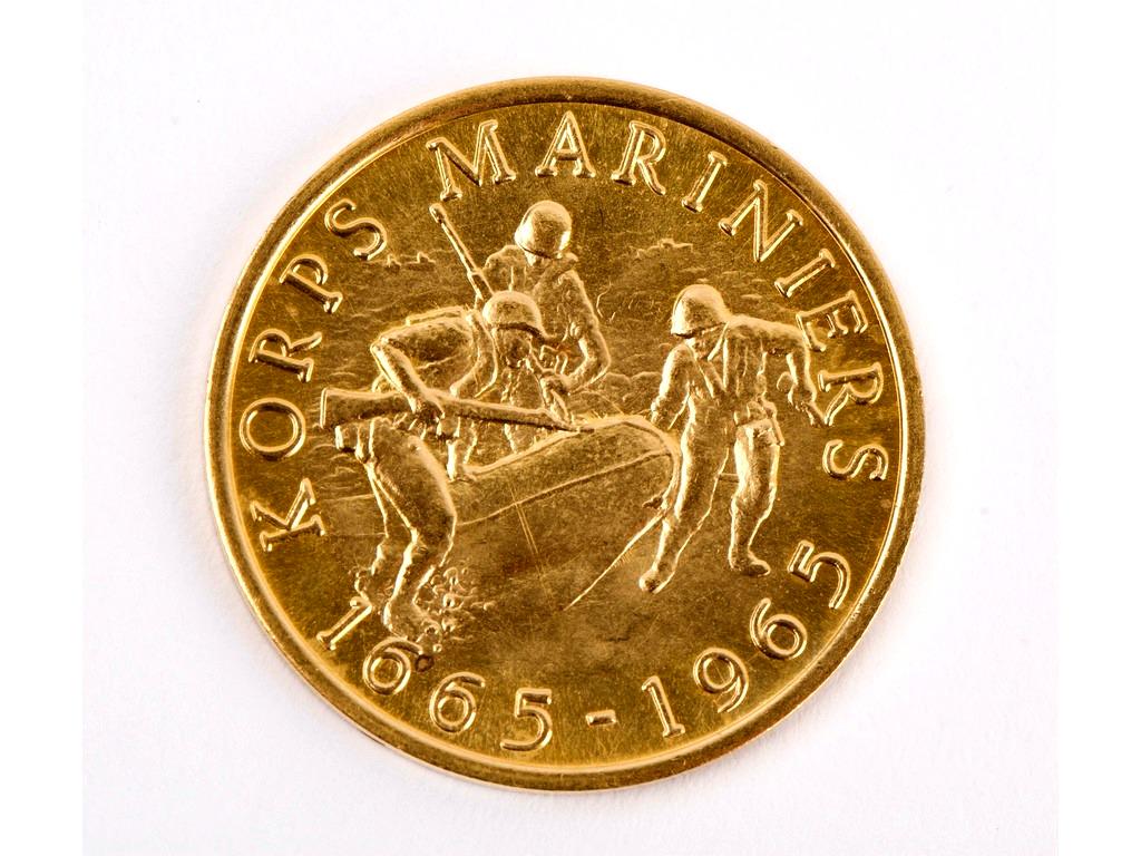 22K Gold Coin, 1965 Dutch Korps Mariniers Coin: 22K Gold Coin, 1965 Dutch Korps Mariniers Tricentennial (1665 - 1965) Commemorative Coin Quantity: 1 Condition: Extra Fine Weight: 6g or approximately 0.21oz Origin: European > Dutch