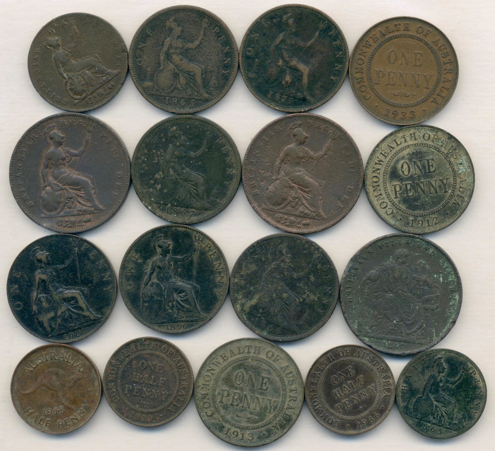 English and Australian Pennies and Halfpennies 1826 to 1936: Pennies and Halfpennies, 1826 to 1936 Quantity: 17 Condition: Mixed Grades Materials: Bronze Item location: NSW, Australia Shipping: In-house shipping available (+5%)
