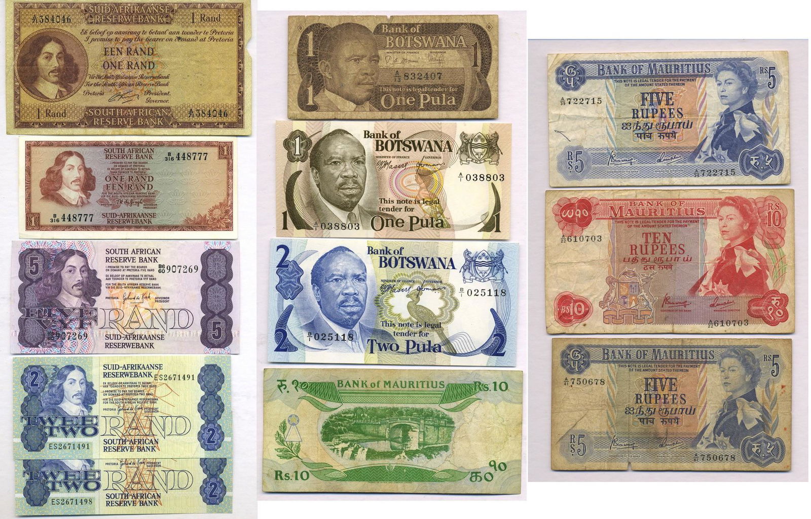 South African, Botswana & Mauritius Banknotes 1960s-80s (12) (1 of 7)