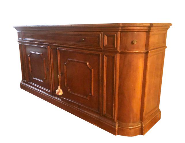 Vintage Fruitwood Credenza with Felt Lining: 72 x 19 x 32. Shelves and cabinet interior are lined with felt.